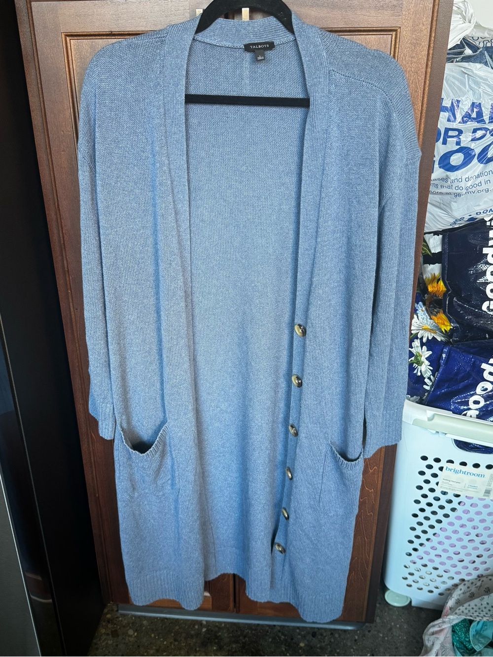 Talbots Blue Linen Blend Long Knit Cardigan Sweater Pockets Size Large L